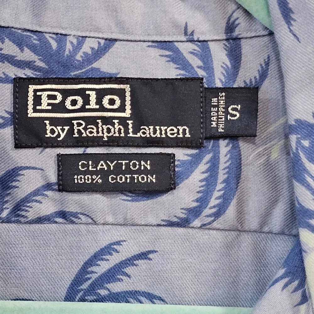 Polo Ralph Lauren Clayton Mens Small Blue Tropical Palm Sailboat Camp Shirt
